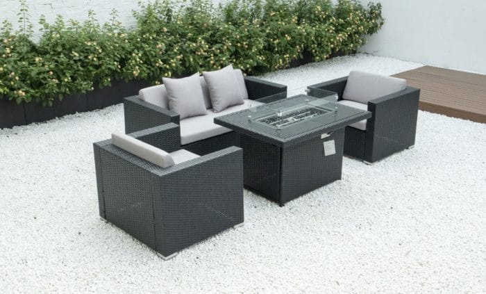 4 piece conversation set with fire table and light grey cushions