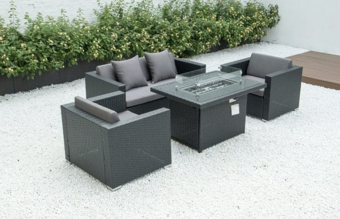 4 piece conversation set with fire table and dark grey cushions