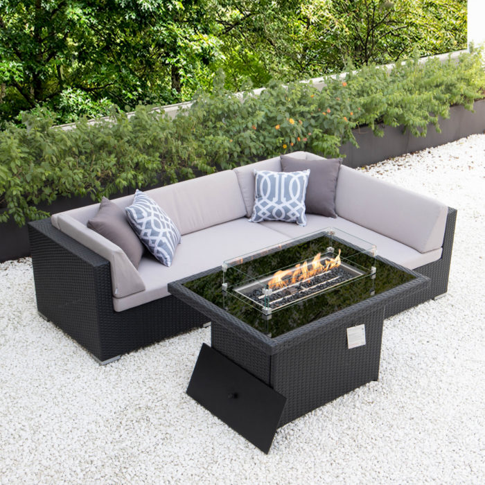 Small L with fire table and light grey cushions