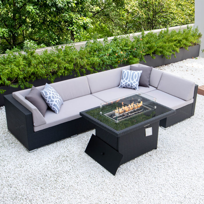 Classic L with fire table and light grey cushions