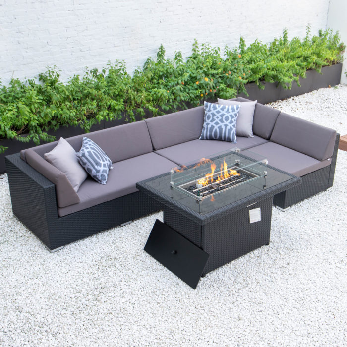Classic L with wicker fire table in dark grey cushions