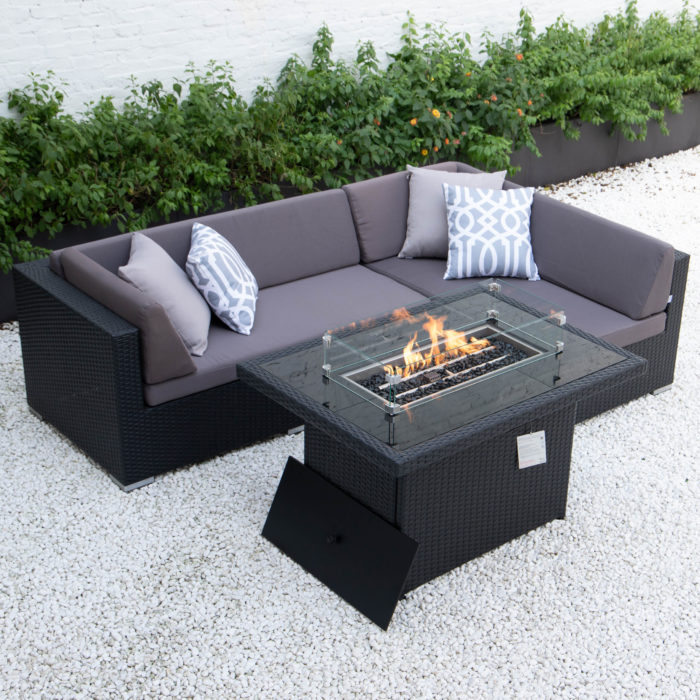 Small L with wicker fire table in dark grey cushions