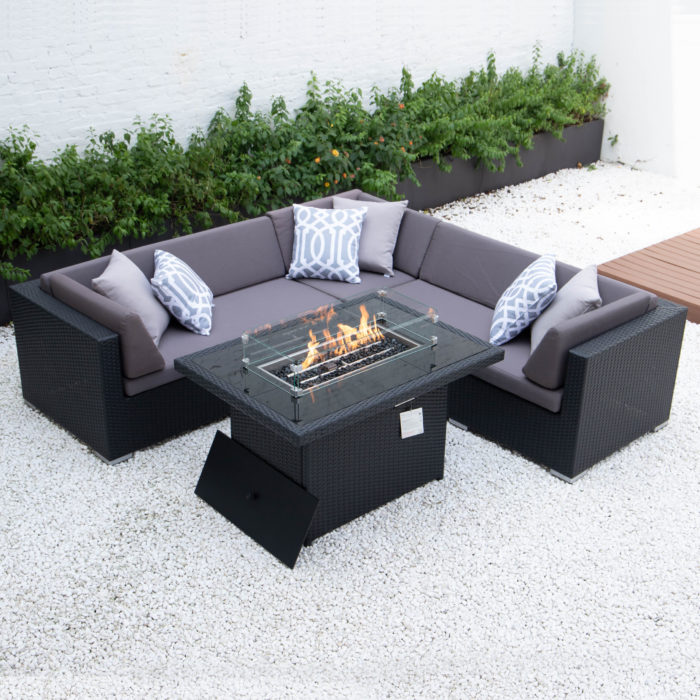 Symmetrical L with wicker fire table in dark grey cushions